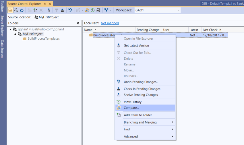 Comapare Files (1),  with TFS and Git GUI in Visual Studio
